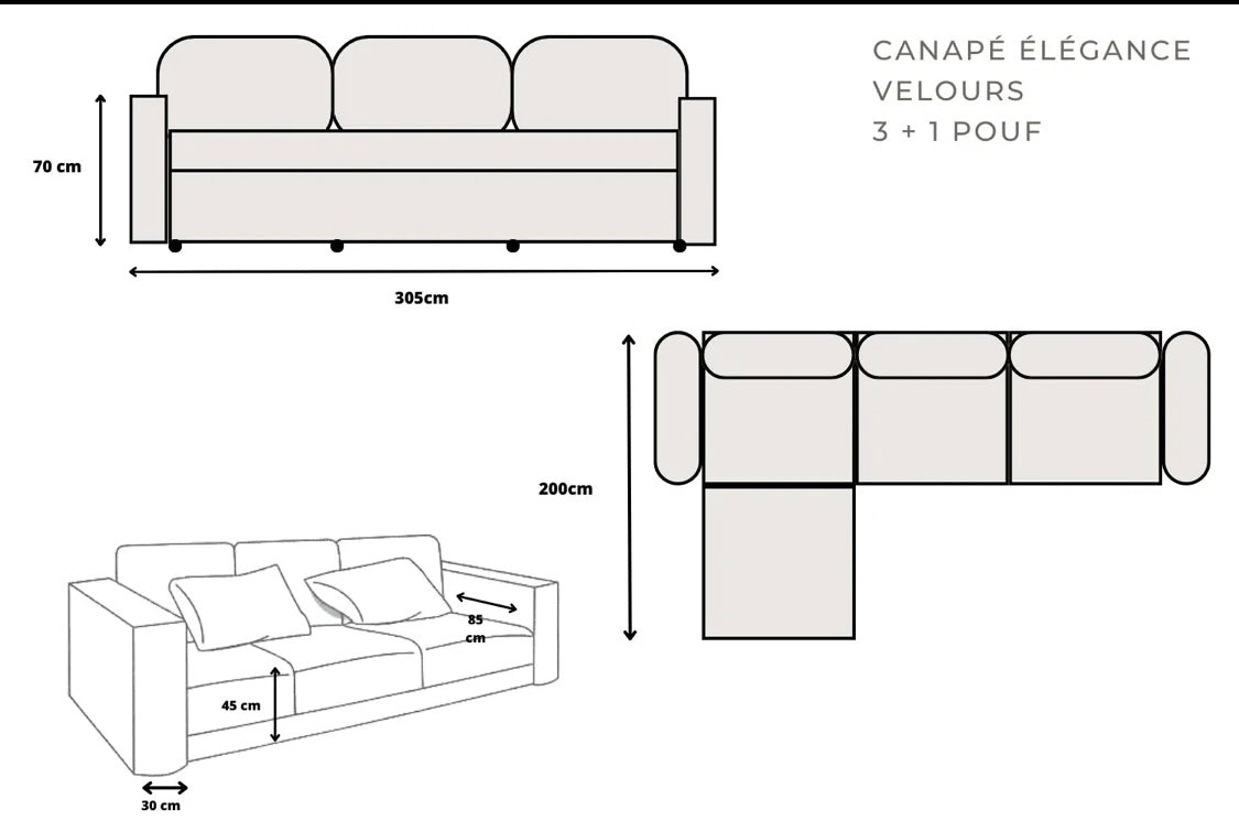 Canapé Modulable En Velours Anti Tâches - Lila  3+1 pouf & 4+1 pouf