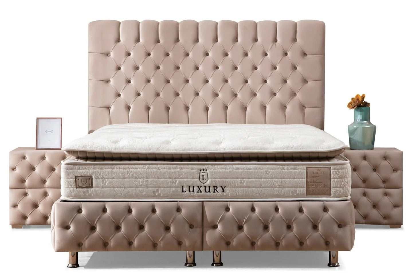 Lit Double Coffre En Velours - Luna  Beige